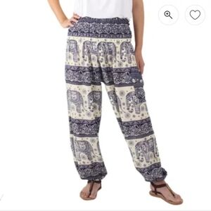 100% Cotton Thailand Navy and White Elephant Print Harem Pants Small Boho
